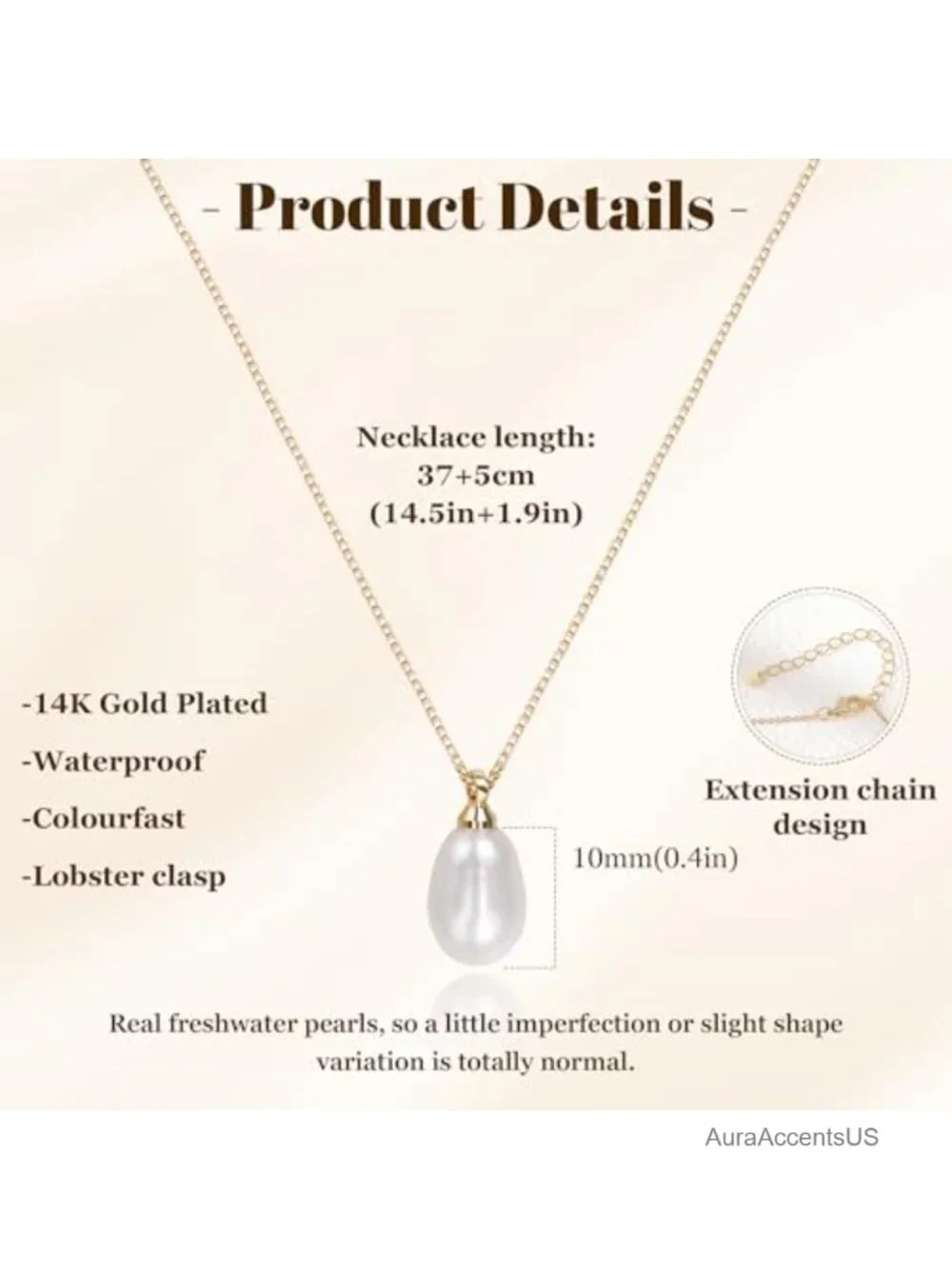 14K Gold Plated Freshwater Pearl Pendant Necklace for Women, Dainty Layered